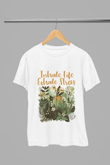 Comfort Everyday : Typographic Round Neck Cotton Printed White Tshirt - Inhale Life Exhale Stress, (White Color)