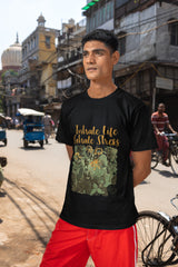 Comfort Everyday : Typographic Round Neck Cotton Printed Black Tshirt - Inhale Life Exhale Stress, (Black Color)