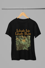 Comfort Everyday : Typographic Round Neck Cotton Printed Black Tshirt - Inhale Life Exhale Stress, (Black Color)