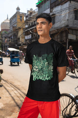 Breathe in, Breathe out: Comfortable Modern Round Neck Cotton Printed Black Cotton T-shirt - Breathe (Black Color)