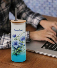 Elevate your drink with Premium Good looking frosted Glass  Tall Tumbler with Stainless Steel straw (Freedom Blue Color)
