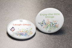 Express Elegance: Laugh & Enjoy Double sided stainless steel Premium No Pin Badges