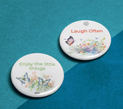 Express Elegance: Laugh & Enjoy Double sided stainless steel Premium No Pin Badges