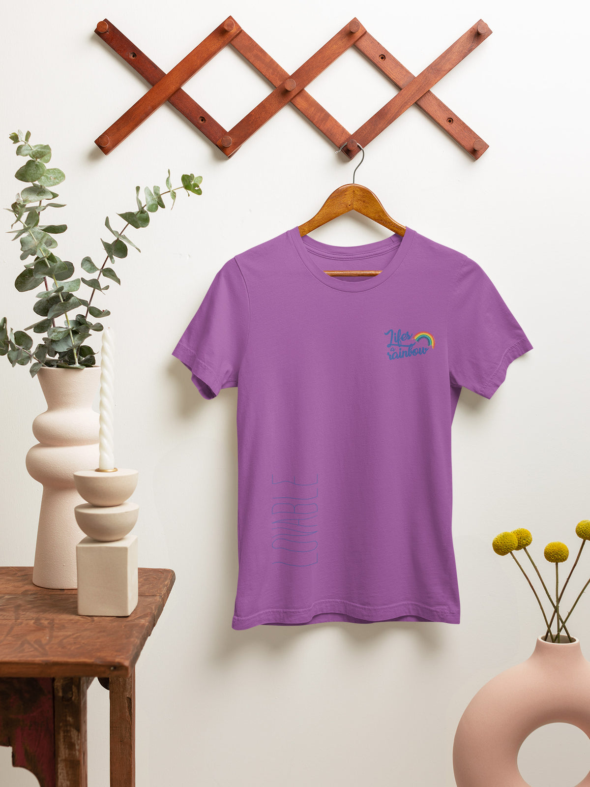 Colorful Comfort: Rainbow Theme Round Neck Cotton T-Shirt for Women - Violet Color