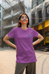 Colorful Comfort: Rainbow Theme Round Neck Cotton T-Shirt for Women - Violet Color