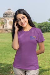 Colorful Comfort: Rainbow Theme Round Neck Cotton T-Shirt for Women - Violet Color