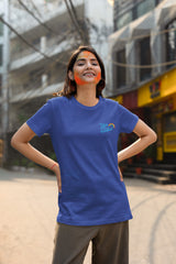 Colorful Comfort: Rainbow Theme Round Neck Cotton T-Shirt for Women - Indigo Color