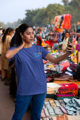 Colorful Comfort: Rainbow Theme Round Neck Cotton T-Shirt for Women - Indigo Color