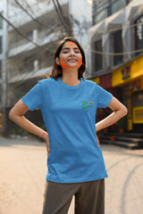 Colorful Comfort: Rainbow Theme Round Neck Cotton T-Shirt for Women - Blue Color