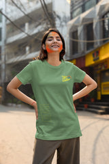 Colorful Comfort: Rainbow Theme Round Neck Cotton T-Shirt for Women - Green Color