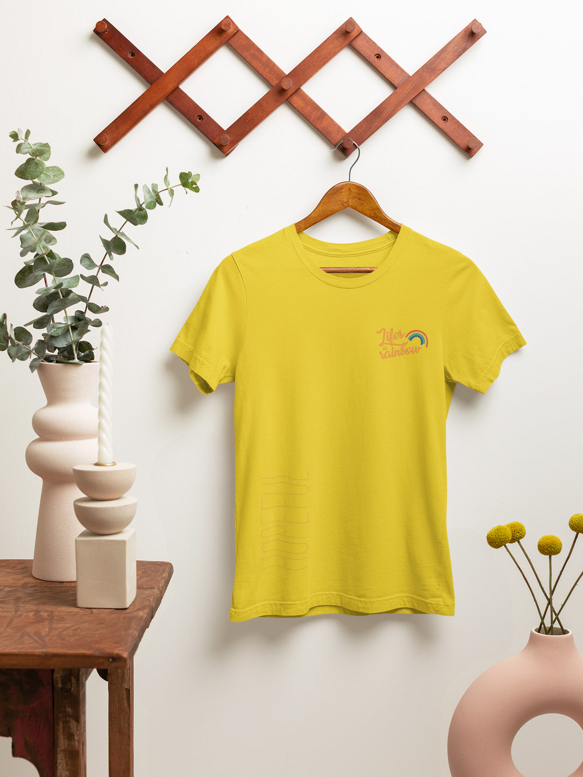 Colorful Comfort: Rainbow Theme Round Neck Cotton T-Shirt for Women - Yellow Color