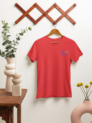 Colorful Comfort: Rainbow Theme Round Neck Cotton T-Shirt for Women - Red Color